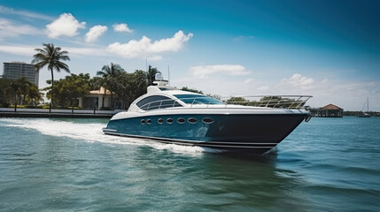 Fototapeta na wymiar Luxury speed yacht near tropical island in Miami, Generative AI