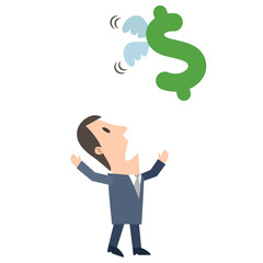 Shocked businessman with flying away dollar sign.  Financial concept vector illustration