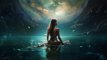woman in the water in an abstract fantasy planet with a large planet in the sky at nigh. Generative ai - obrazy, fototapety, plakaty