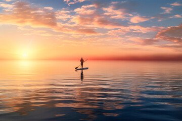 Person doing paddle surfing at sunrise in a calm sea