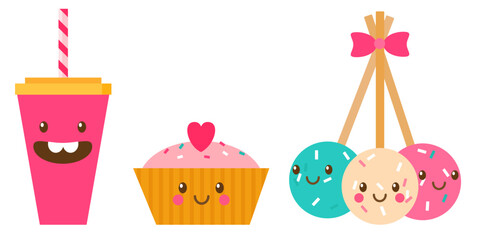 Colourful set of flat vector sweets and desserts. Bakery: cake (cupcake), cocktail, cake pops