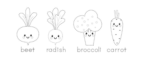 Colouring pages: vegetables. Cute radish, broccoli, beet and carrot.