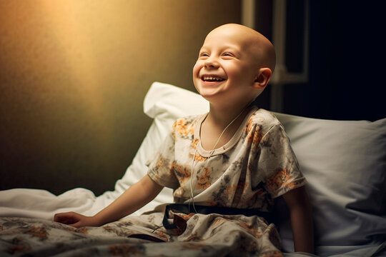 Bald boy smiling in cancer hospital bed