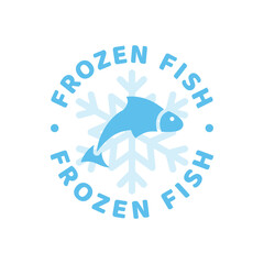 Frozen fish, product vector label. Blue sticker stamp.