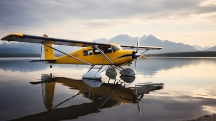 Private hydroplane aircraft parked in water airport on the lake in Alaska - obrazy, fototapety, plakaty