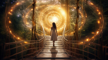 Woman in a dress walking up a flight of stairs wo t golden whirlpool portal. Generative A. - obrazy, fototapety, plakaty