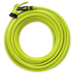 Gardening tool equipment. Garden green hose pipe with spray gun for lawn watering. Top view...