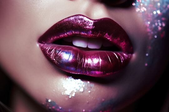 Photo by Marilyn Minter, Beautiful glitter lips, Hyperreal, holographic silver pink glitter lips, glitter foreground