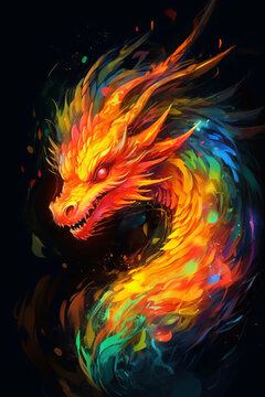 colorful dragon with flames coming out of its mouth and eyes, Generative Ai