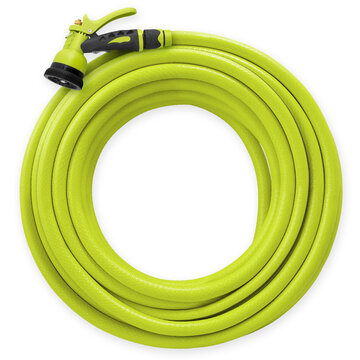 Gardening Tool Equipment. Garden Green Hose Pipe With Spray Gun For Lawn Watering. Top View Isolated On White Background. Watering The Courtyard And Taking Care Of Vegetable Garden And Flowers