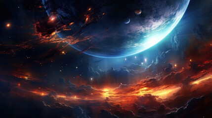 Obraz premium Extra terrestrial landscape with burning skies and large close planets in the sky and dramatic lighting. Generative ai.
