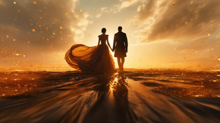 2 soulmates walking on the beach at sunset. Generative ai