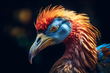 close up of a bird with a brightly colored feathered head and a dark background, Generative Ai