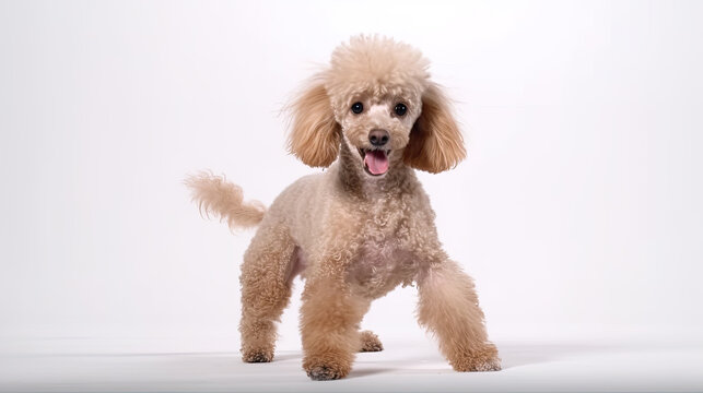 Caniche divertido sobre fondo blanco. IA Genreativa