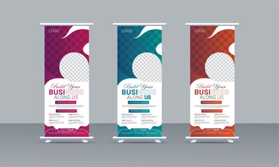 set of corporate roll up banner design template with three different colors.