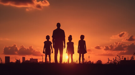 Fototapeta na wymiar Embracing the Sunset: Joyful Family Silhouette. Generative AI