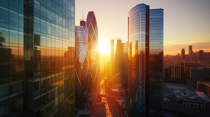 Obraz premium sunrise over the street of glass skyscrapers of the business city; futuristic architecture of a financial building;