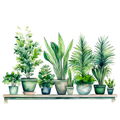 Green potted flowers arranged in a row next to each other, watercolor style illustration perfect for invitations or posters. Generative ai