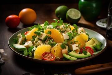 A jicama salad topped with fresh oranges, avocado, and a tangy dressing, beautifully plated and garnished with cilantro