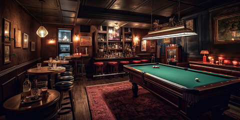 Indoor Bar with a pool table, Generative AI