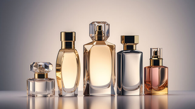 High end perfume bottles of different sizes for a size guide stacked side by side in front of a light background, Generative AI