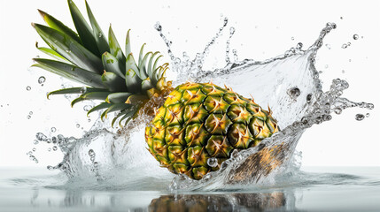 Photo of pineapple falling into water, white background