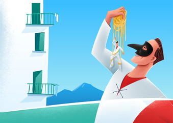 Pulcinella with spaghetti and marionette in the Gulf of Naples