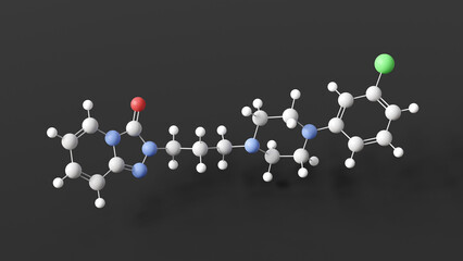 trazodone molecule, molecular structure, serotonin modulators, ball and stick 3d model, structural chemical formula with colored atoms