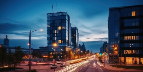 Fototapeta na wymiar Modern architecture of the business district at dusk. Generative AI