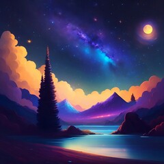 Night Landscape | Galaxy Stars and Moon | Made using Generative AI