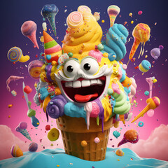 Fototapeta premium Funny Ice Cream.Melting ice cream cone. Ice cream cone.concept
