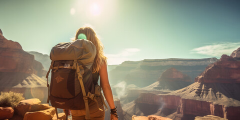 backpacker woman in the grand canyon - obrazy, fototapety, plakaty
