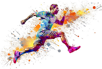 Fototapeta na wymiar Athletic man runs doing sports on a white background with an explosion of colored paint. Healthy lifestyle concept. Generative ai