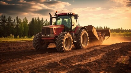 Big powerful wheeled tractor pulls the field. Generative ai.