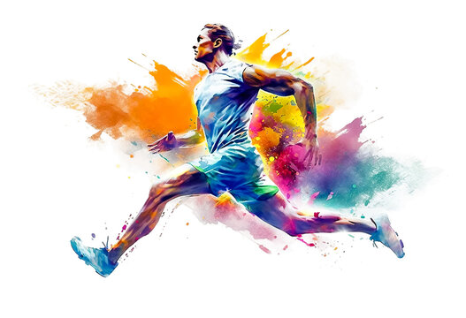 Athletic man runs doing sports on a white background with an explosion of colored paint. Healthy lifestyle concept. Generative ai