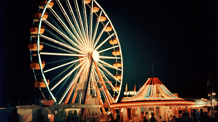 Ferris wheel at night in small time circus of 1960s. Generative AI