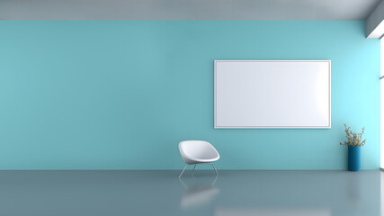 Creative interior concept. Abstract turquoise aqua large empty wall room with white blank frame furniture deco. Banner template for product presentation. Mock up 3D rendering living, office, gallery