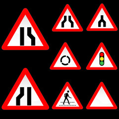 Vector Illustration of Eight Triangle Shape Red White Road Signs Set 3
