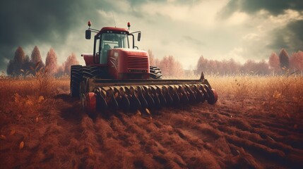 Fototapeta premium Big powerful wheeled tractor pulls the field. Generative ai.