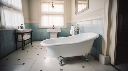 Naklejka na ściany i meble Timeless Elegance, Old-Fashioned Style Bathroom with a Classic White Bathtub. Generative AI