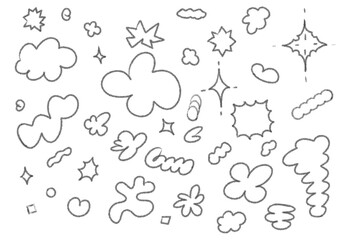 Pencil hand drawn cartoon clouds set. Bubbles, stars. Retro 90s, 00s. 