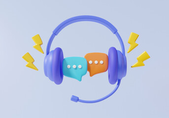 Call center customer service with helpdesk chat phone contact bubble social media, assistance support consultant talk concept. thunderbolt symbol minimal cartoon cute smooth. 3d rendering illustration - obrazy, fototapety, plakaty
