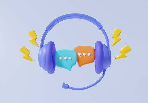 Call center customer service with helpdesk chat phone contact bubble social media, assistance support consultant talk concept. thunderbolt symbol minimal cartoon cute smooth. 3d rendering illustration