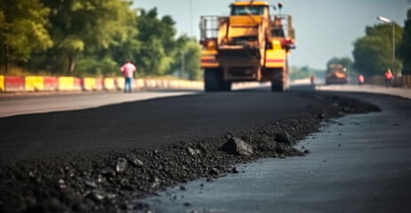 Road construction, Layer of new hot asphalt laid by paver. Generative AI