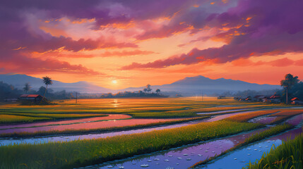 Landscape painting of a rice field taken during sunset, Generative AI