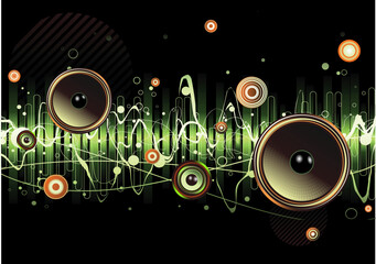 Fototapeta na wymiar Vector illustration of green abstract party design with urban music scene - Speakers and sound waves