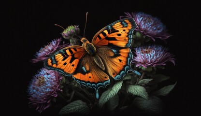 Fototapeta na wymiar Beautiful butterfly on a flower on a black background. Generative AI.