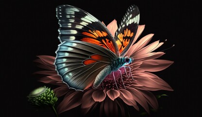 Beautiful butterfly on a flower on a black background. Generative AI.