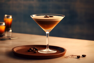 espresso martini on bar counter coffee beans - obrazy, fototapety, plakaty