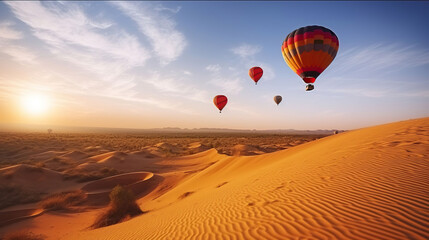 Fototapeta na wymiar Hot air balloons flying over beautiful sand dunes sunset in Red Sand Dunes